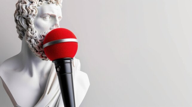 Bust of a Classical Philosopher with a Red Microphone for Creative Expression in Modern Culture