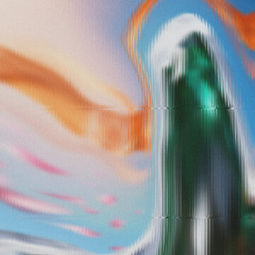 Grainy abstract - an emerald peak, vertically corrugated, bright white crest, emerging from soft peach, cerulean, and rose, for modern digital art.