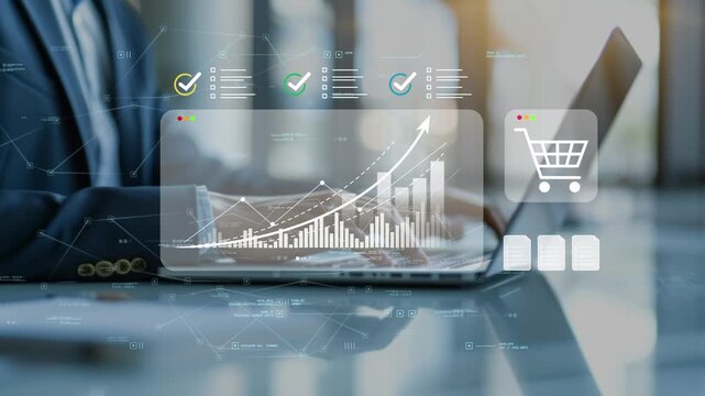 Shopping cart conversion optimization supported by revenue growth analytics and business professional monitoring ecommerce performance symbolized by shopping cart icon and growing graph