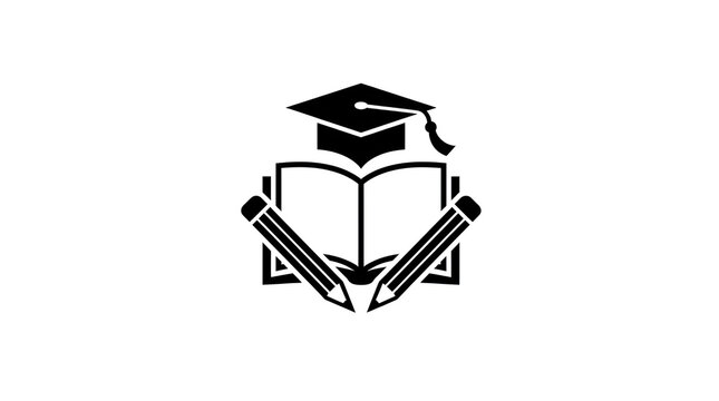 Black icon featuring an open book with pencils and a graduation cap isolated on transparent background