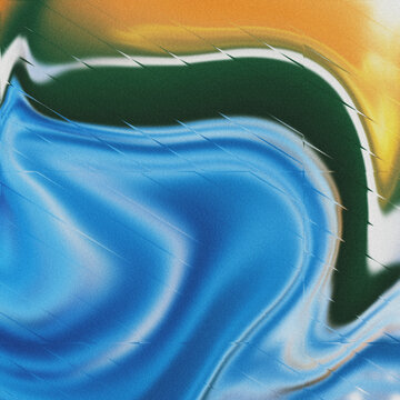 Textured saffron ochre and deep emerald gradient, framing a luminous cerulean liquid expanse, highlighted by a sweeping white curve and subtle