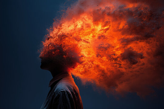surreal photo, man with exploding head, blue shirt side profile beneath massive orange cloud on dark blue, photorealistic.png