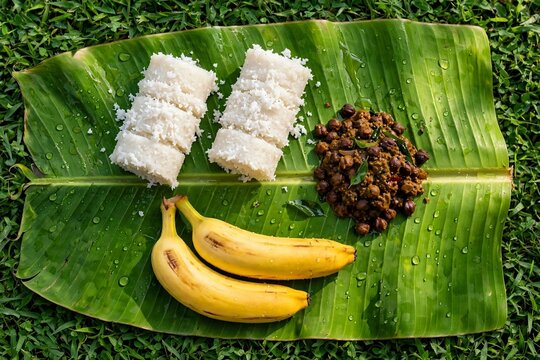 Traditional Kerala Puttu with Kadala Curry and Bananas Served on Banana Leaf