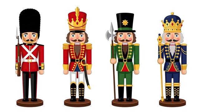 Set of four traditional wooden nutcracker soldier figurines displayed isolated on transparent background