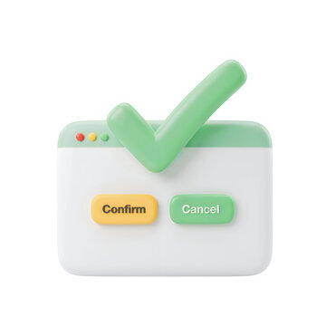 3d render of a computer window with a green checkmark and confirm cancel buttons