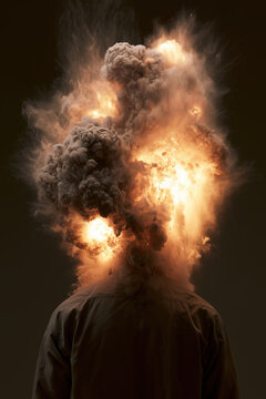 surreal photo, man with exploding head, dark shirt under black gray smoke and golden fire on black, photorealistic.png