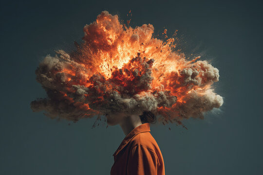 surreal photo, man with exploding head, rust shirt side profile beneath huge orange fire cloud on dark teal, photorealistic.png
