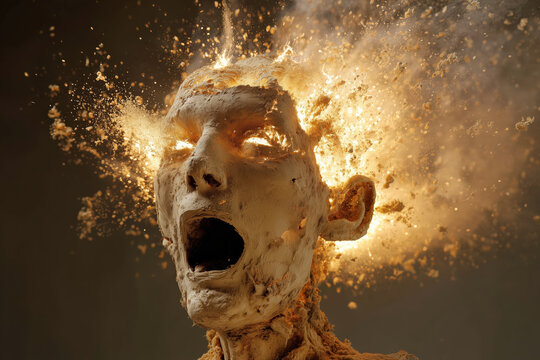 surreal photo, man with exploding head, screaming claylike face with golden dust blast on black, photorealistic.png