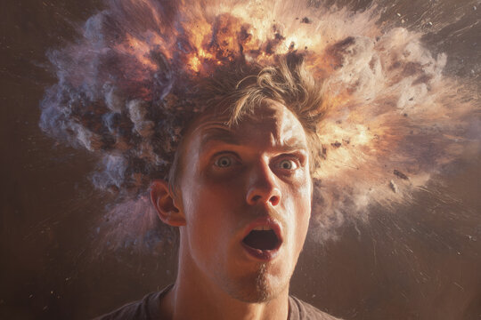 surreal photo, man with exploding head, startled closeup as hair bursts into dark dust and light, photorealistic.png