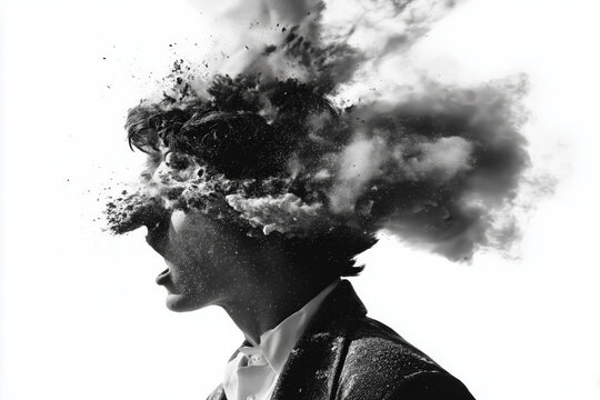 surreal photo, woman with exploding head, black and white side profile dissolving into dark smoke, photorealistic.png