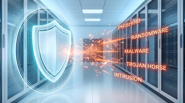 Cybersecurity shield deflects digital threats in server room