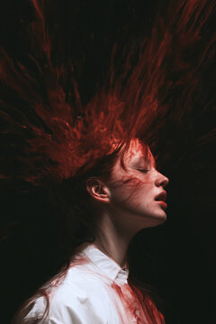 surreal photo, woman with exploding head, white shirt side profile with red paint blast on black, photorealistic.png