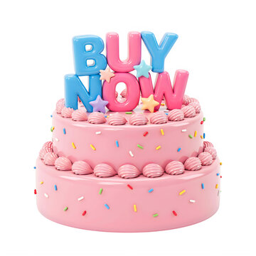 Pink birthday cake with colorful sprinkles and a blue and pink buy now topper