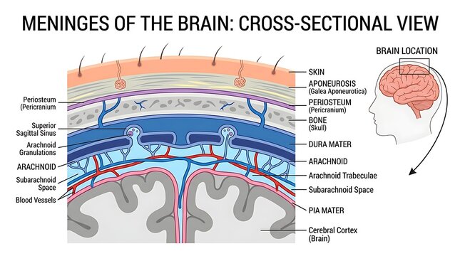 Human meninges brain structure cross sectional diagram with cross section