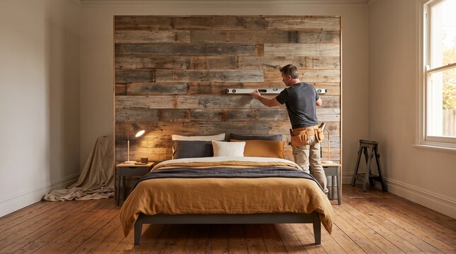 Reclaimed wood feature wall in old bedroom, salvaged timber installed for warm renovated interior texture