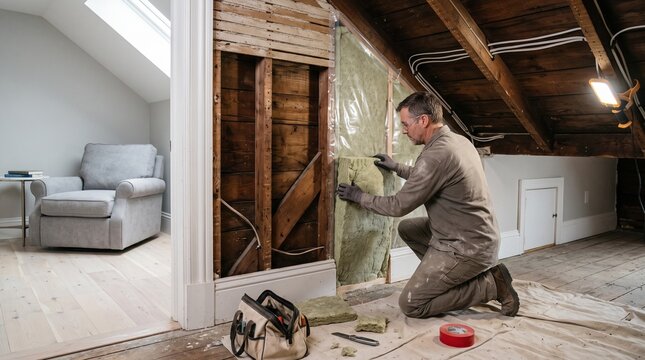 Old house insulation upgrade, discreet insulation added behind attic knee wall while preserving historic finishes