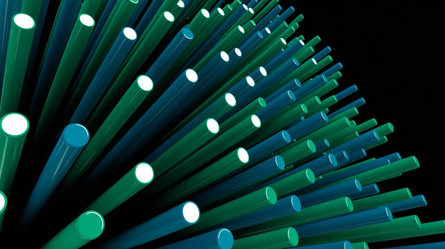 Blue and green glowing rods arrayed against black abstract