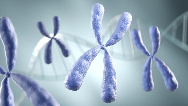 3D animation of a damaged chromosome being repaired and revitalized by glowing golden particles. Concept for luxury anti-aging skincare, cellular renewal, and DNA rejuvenation.