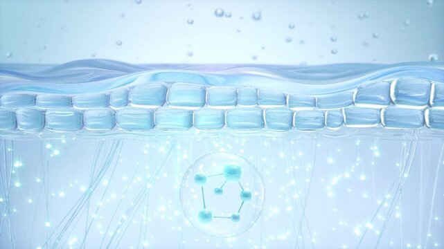 3D animation of cosmetic serum molecules penetrating deep under skin layers to repair and revitalize cell structure. Concept for advanced skincare, deep hydration, and healthy skin barrier.