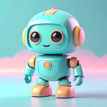 Cute little friendly toy robot character on pastel background.