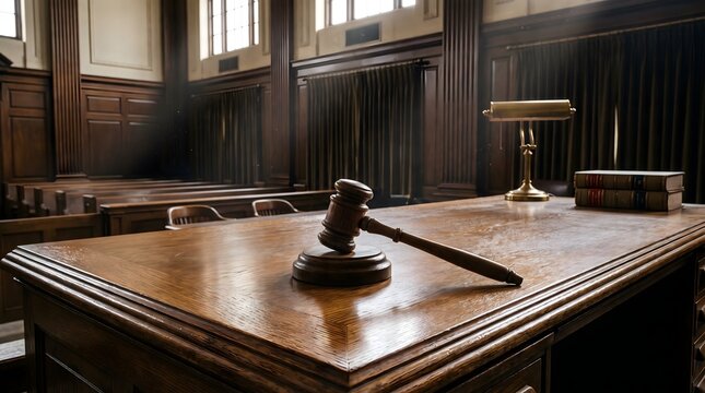 Wooden Judges Gavel on Courtroom Desk with Law Books and Lamp