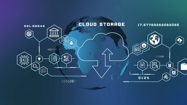 Cloud storage platform animation featuring secure digital repositories, enterprise scalability and online file management.