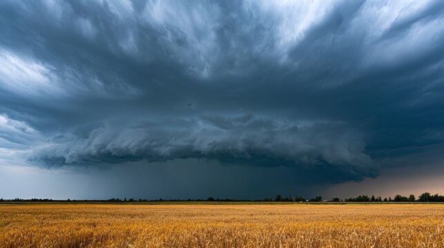 Dramatic shelf cloud forms over a golden wheat field, signaling an approaching severe thunderstorm with intense dark skies and a striking contrast of nature's power and agricultural landscape