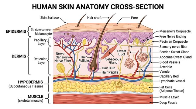 Cross section diagram of human skin anatomy layers with epidermis, hypodermis