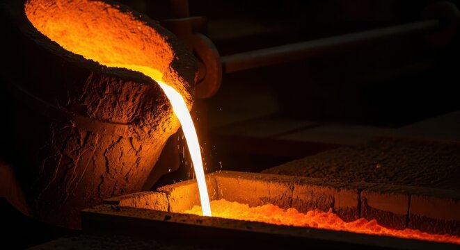 Molten iron glowing intensely as it pours into a foundry mold, showcasing the fiery process of industrial metal casting.