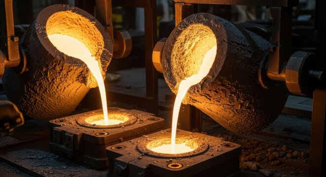 Molten metal alloy being poured into casting molds at a vibrant industrial foundry