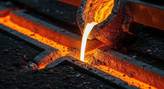 Molten metal flowing from a furnace into molds in a manufacturing foundry