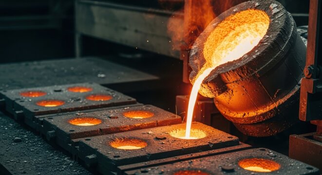 Molten metal pouring into molds at a hot industrial casting factory, showcasing intense manufacturing processes.