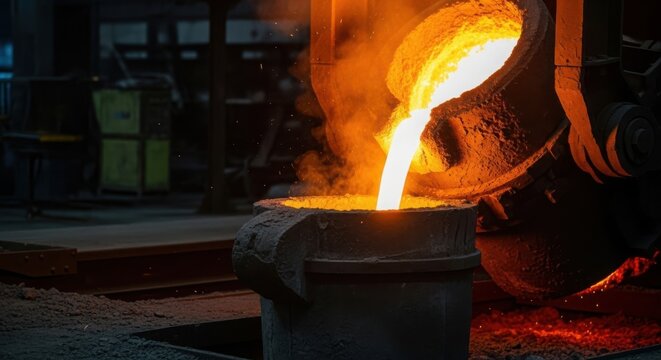 Molten Pig Iron Poured From Industrial Furnace Into Ladle At Foundry During Smelting Process