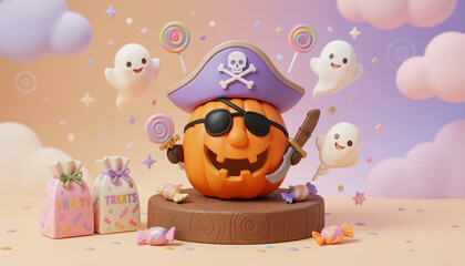 Fototapeta premium Pirate pumpkin character with eye patch and sword holding candy, happy halloween celebration with ghost friends.
