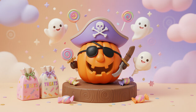 Pirate pumpkin character with eye patch and sword holding candy, happy halloween celebration with ghost friends.