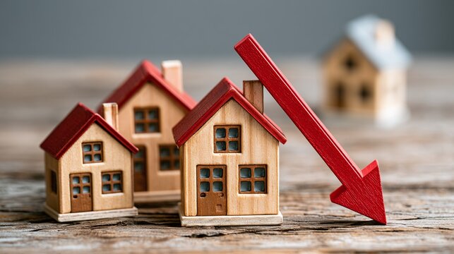 Wooden miniature houses with a prominent red downward arrow on a rustic wooden surface, symbolizing a decline in the real estate market or property values