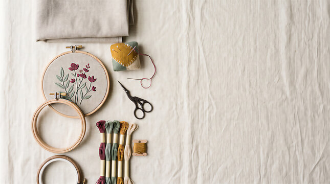 Embroidery hoop with floral design and sewing tool on fabric background. Modern needlework set with thread and scissor for hobby. Sustainable clothing repair and creative craft workshop.