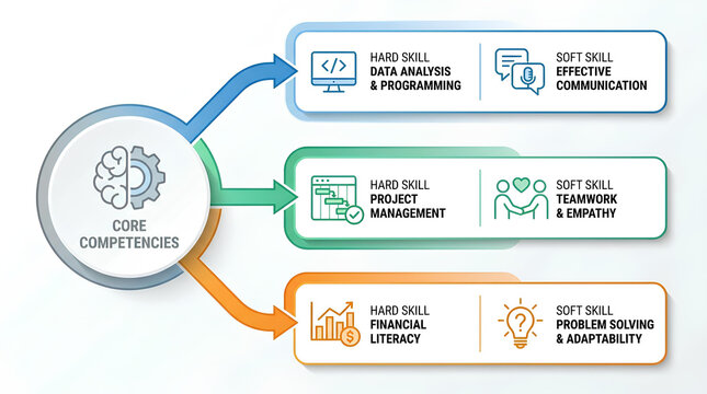 Core competencies infographic showing hard and soft skills.