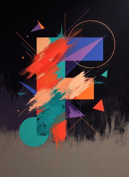 Lettera "F" astratta con pennellate materiche e forme geometriche su sfondo scuro