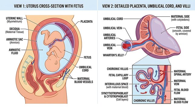 Anatomical cross section of human uterus and placenta during pregnancy