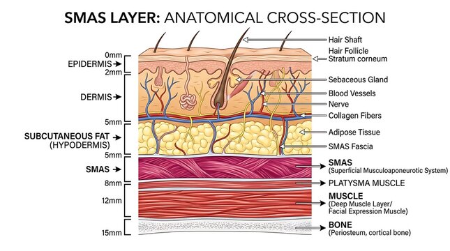 Anatomical cross section diagram of human skin layers and facial smas layer