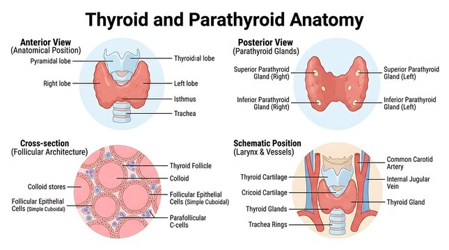 Thyroid and parathyroid gland anatomy medical diagram showing anterior