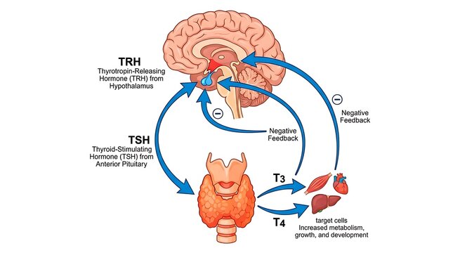 Medical illustration of thyroid hormone regulation axis feedback process