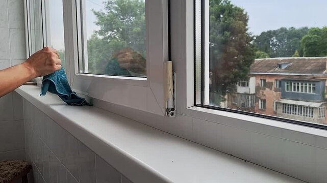 Cleaning windows in a bright kitchen on a sunny day