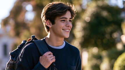 Fototapeta premium Joyful Young Man with Backpack Outdoors, Bathed in Warm Sunlight, Representing Youthful Optimism and Educational Pursuits in a Bright, Natural Setting