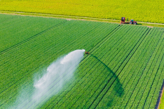 Aerial drone view of agricultural field with irrigation system watering crops. Center pivot irrigation machine spraying water on agricultural land.