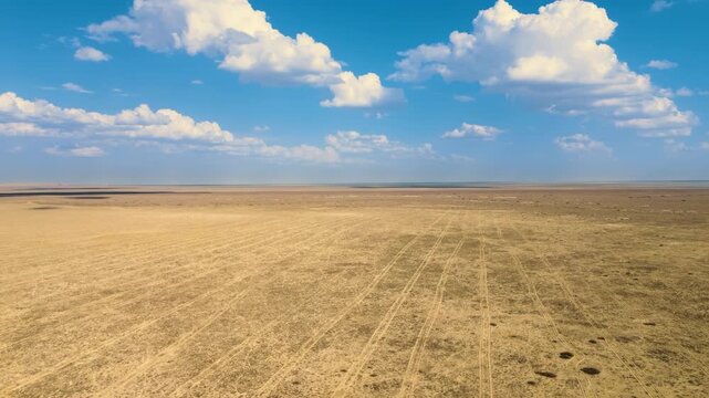 Panoramic view of a lake that has completely dried up as a result of the severe drought caused by climate change.
