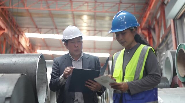 Workers inspect materials in a warehouse during the day