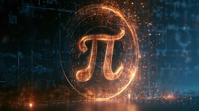 Vibrant fiery orange digital Pi symbol glows against a dark, abstract background with intricate mathematical formulas, representing complex concepts and scientific discovery