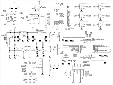 Schematic diagram of digital electronic device 
on paper sheet. Drawing electrical circuit with 
integrated circuit, micro controller,
operational amplifier, memory chip,
capacitor, resistor, other.